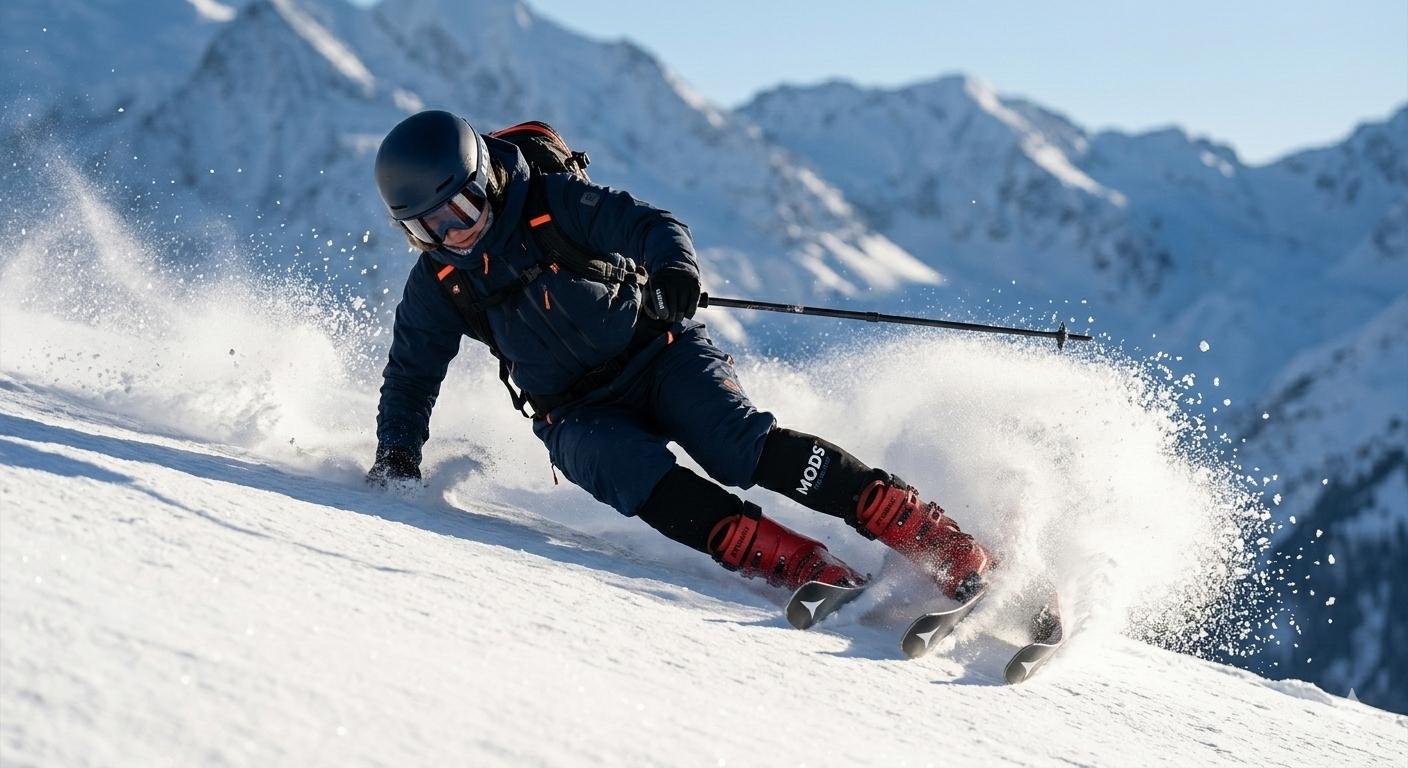 Skier carving through powder while wearing black MODS skiing leg support sleeves and red ski boots.