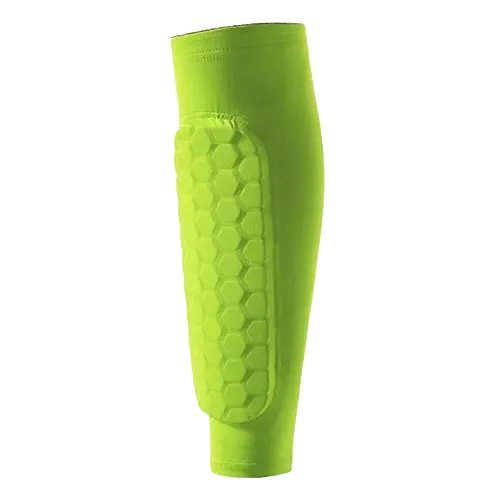 Bright green shin support sleeve with a raised honeycomb-patterned protective pad.