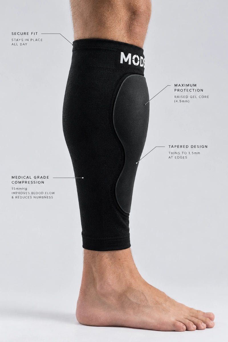 MODS shin sleeve featuring a secure fit, raised gel core and medical-grade compression for targeted shin protection.