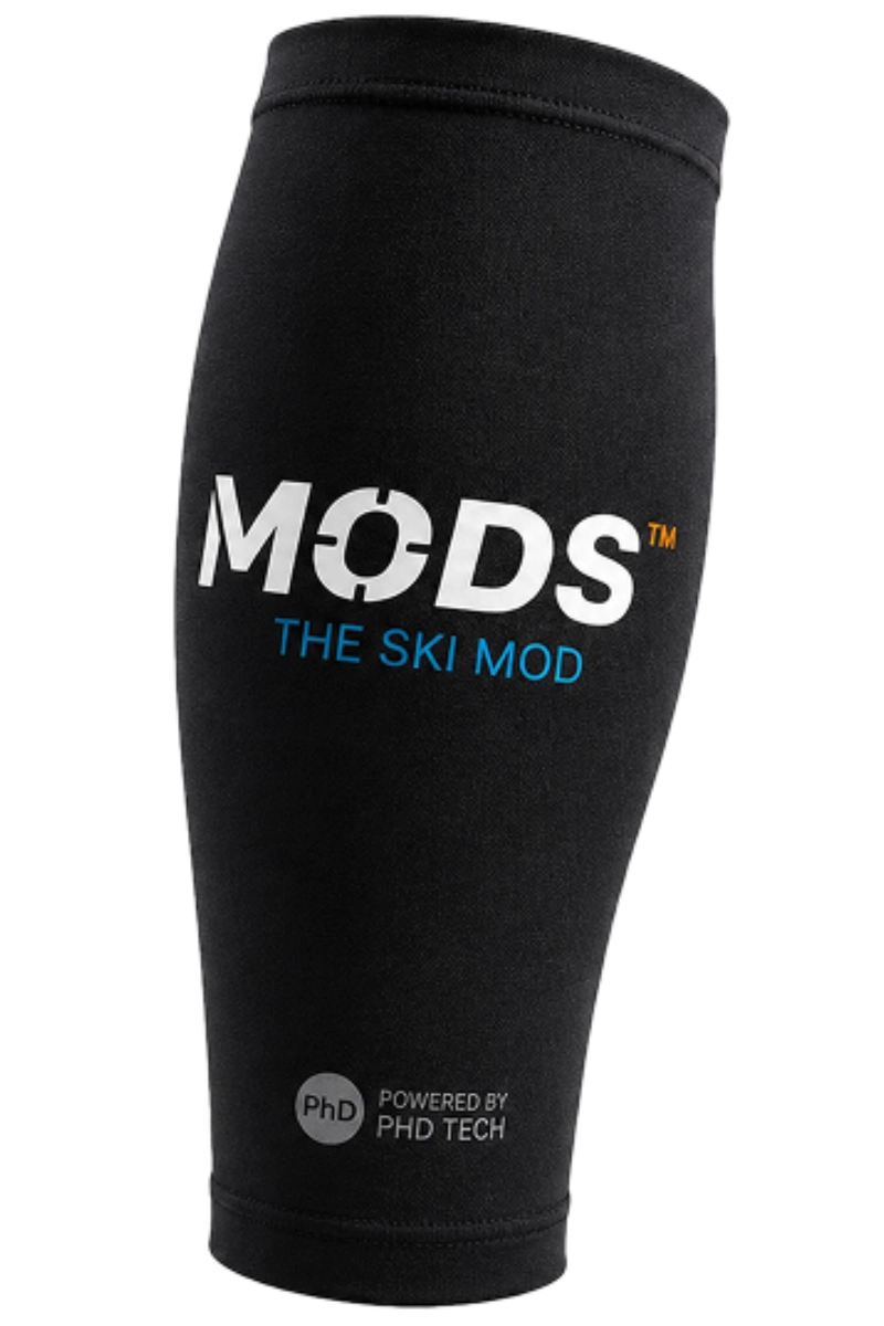 Black MODS skiing leg support sleeve with PHD Tech branding.