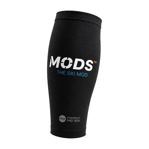 Black MODS ski leg support sleeve with branded logo and PHD Tech construction.
