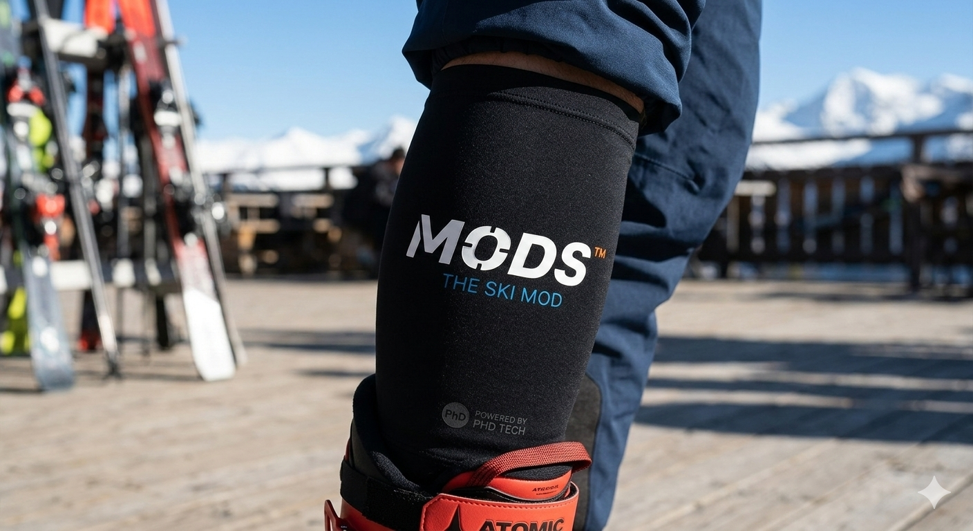 Black MODS skiing leg support sleeve worn above a red ski boot at a mountain resort.