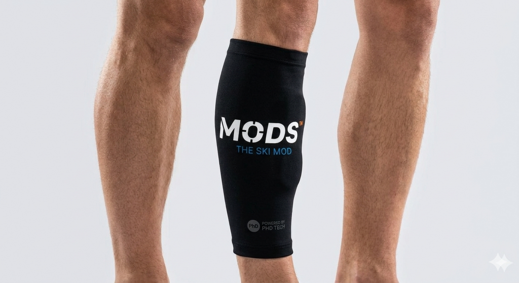 Black MODS skiing leg support sleeve worn securely around the lower leg.