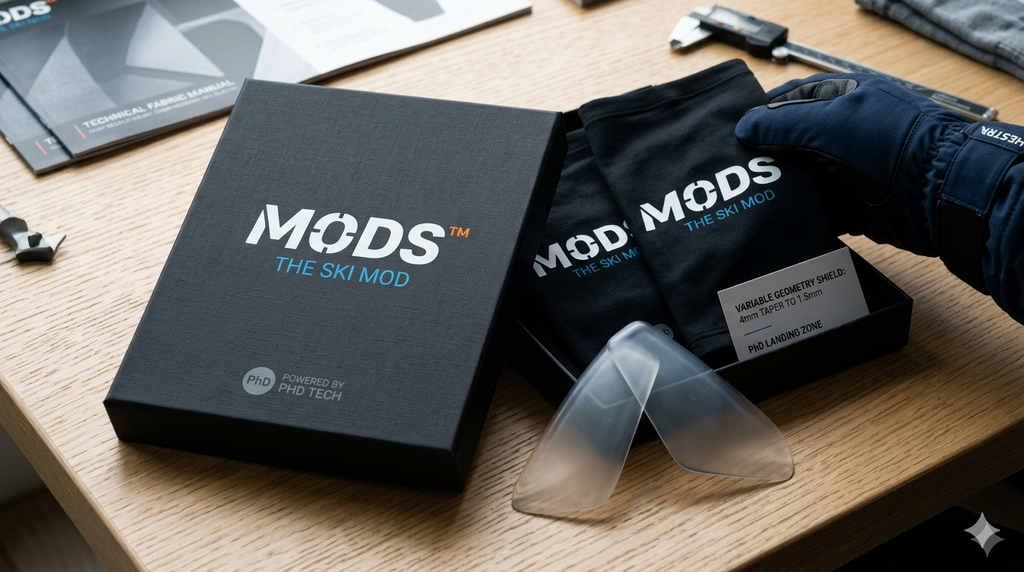 MODS ski support sleeves, branded packaging and clear protective inserts arranged on a wooden workbench.