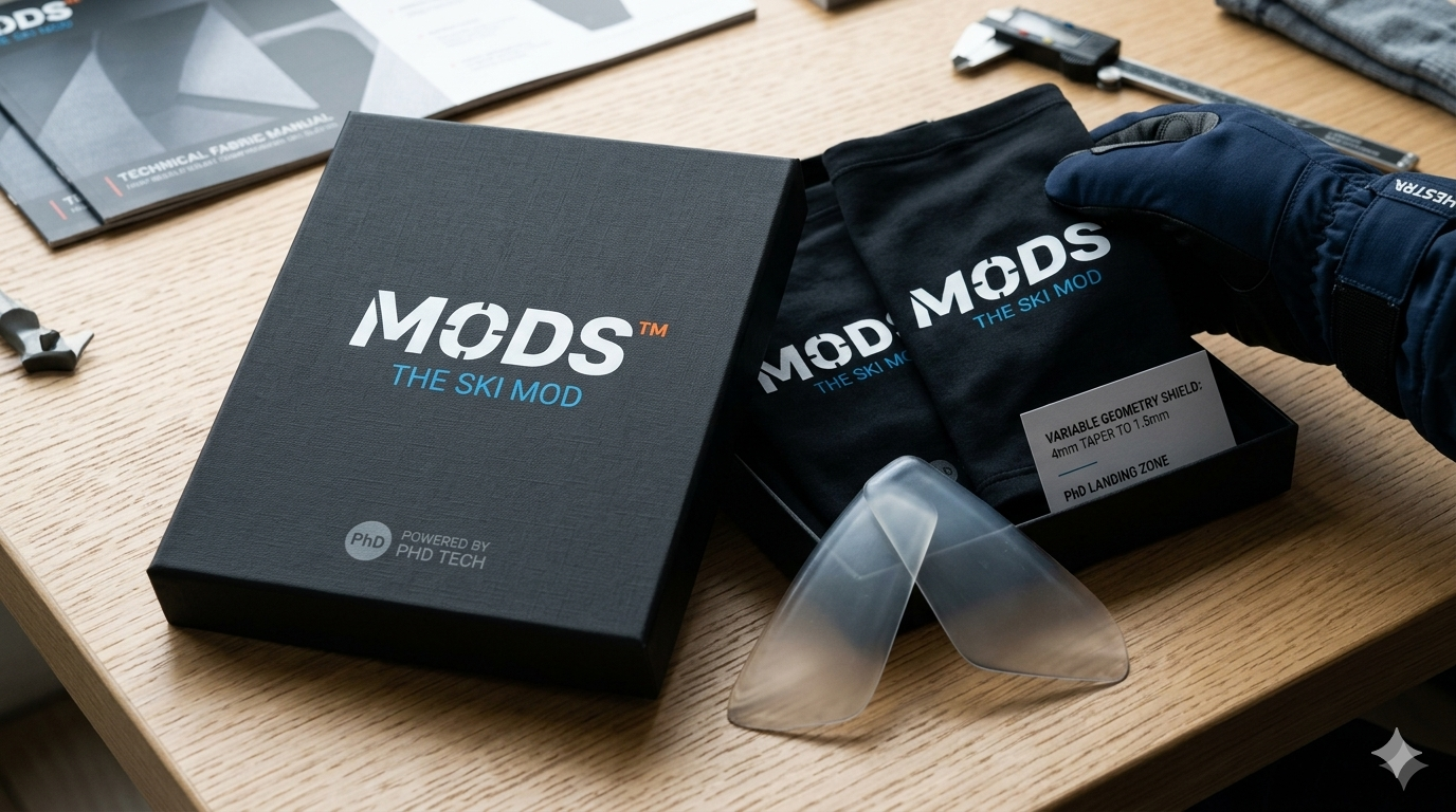 MODS ski support sleeves, branded packaging and clear protective inserts arranged on a wooden workbench.