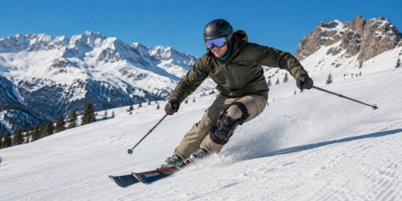Skier carving down a snowy mountain while wearing a MODS ski knee support.